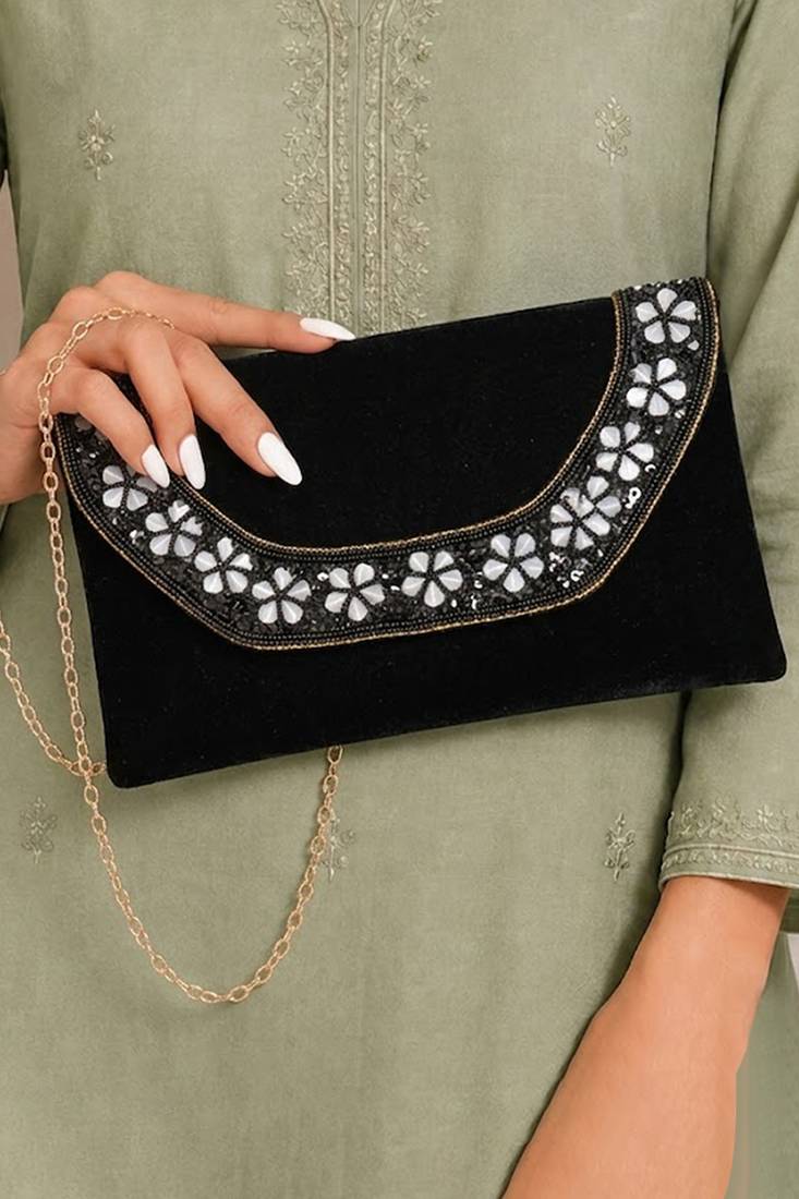 black velvet sequin beaded clutch bag for women embellished wedding festive evening purse