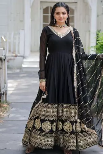 Black faux georgette readymade anarkali suit with embroidery & sequin  work