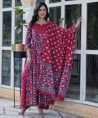 Red cotton readymade anarkali suit with floral printed work 4