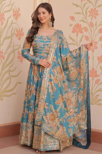 Blue silk readymade anarkali suit with embroidery & sequin  work