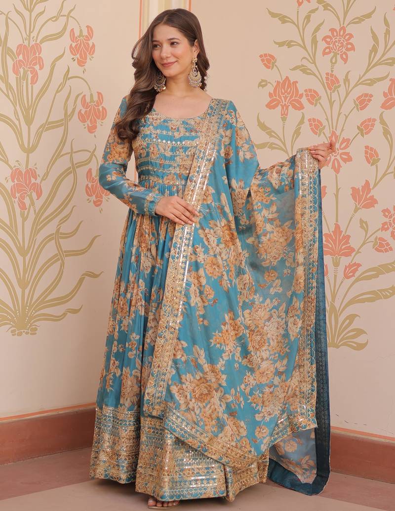 Blue silk readymade anarkali suit with embroidery & sequin  work