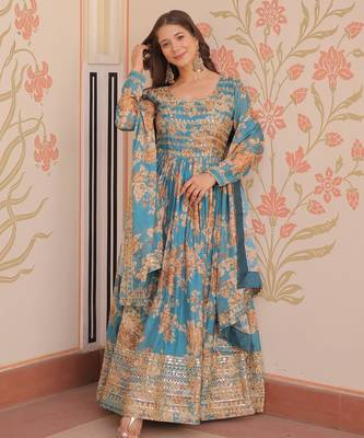 Blue silk readymade anarkali suit with embroidery & sequin  work 2