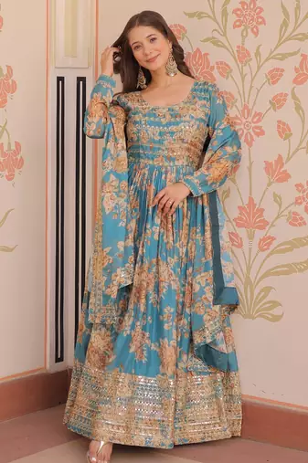 Blue silk readymade anarkali suit with embroidery & sequin  work