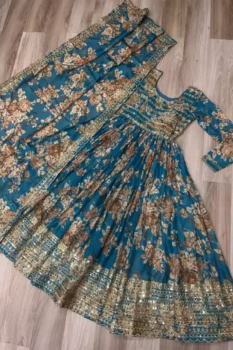 Blue silk readymade anarkali suit with embroidery & sequin  work