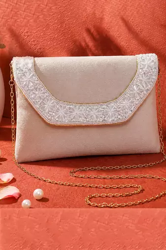 cream velvet sequin beaded clutch bag for women embellished wedding festive evening purse