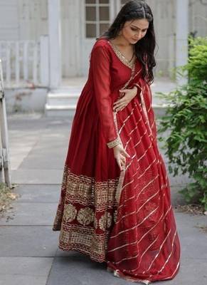 Maroon faux georgette readymade anarkali suit with embroidery & sequin  work 4