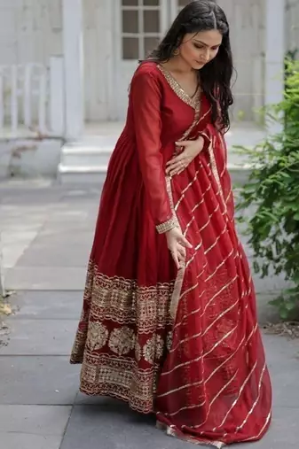 Maroon faux georgette readymade anarkali suit with embroidery & sequin  work