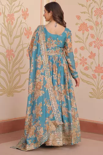 Blue silk readymade anarkali suit with embroidery & sequin  work