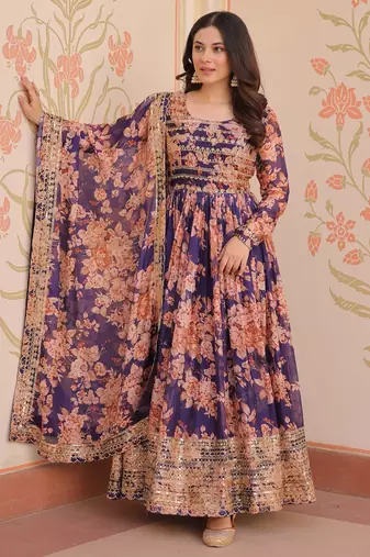 Violet silk readymade anarkali suit with embroidery & sequin  work