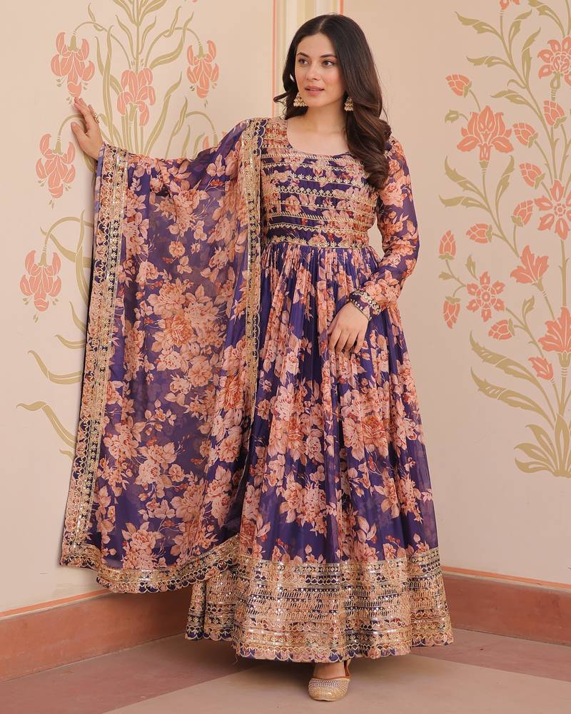 Violet silk readymade anarkali suit with embroidery & sequin  work
