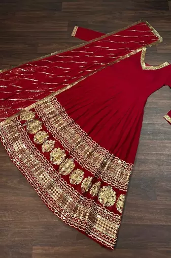 Maroon faux georgette readymade anarkali suit with embroidery & sequin  work