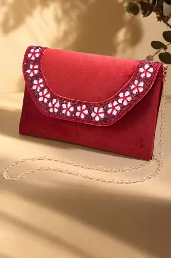 maroon velvet sequin beaded clutch bag for women embellished wedding festive evening purse