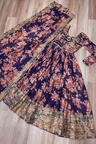 Violet silk readymade anarkali suit with embroidery & sequin  work