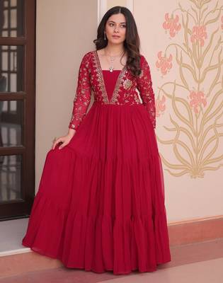 Red faux georgette readymade anarkali suit with embroidery & sequin  work 1