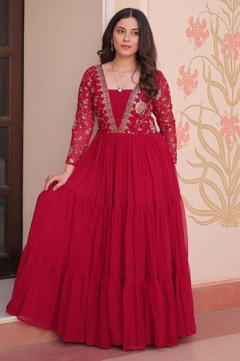 Red faux georgette readymade anarkali suit with embroidery & sequin  work