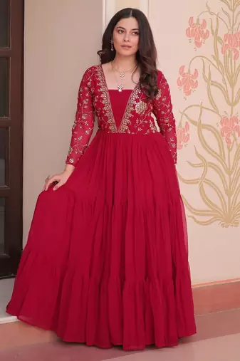 Red faux georgette readymade anarkali suit with embroidery & sequin  work