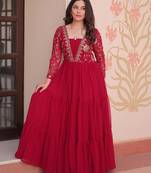 Red faux georgette readymade anarkali suit with embroidery & sequin  work