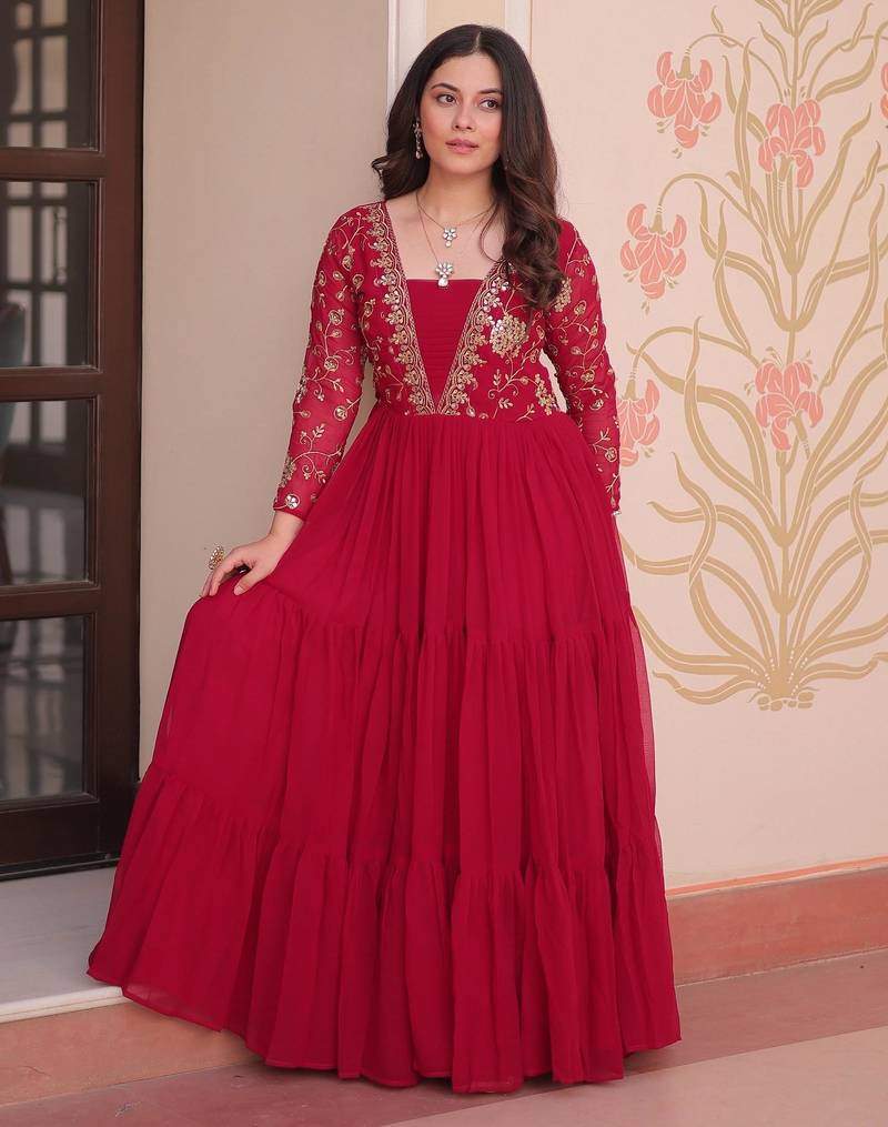 Red faux georgette readymade anarkali suit with embroidery & sequin  work