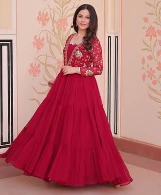Red faux georgette readymade anarkali suit with embroidery & sequin  work 2