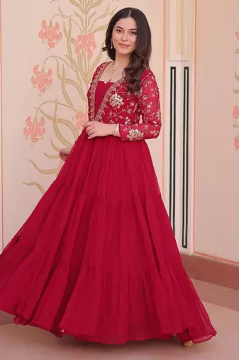 Red faux georgette readymade anarkali suit with embroidery & sequin  work