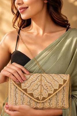 cream sequin bead embroidered leaf pattern clutch bag for women chain strap wedding festive evening purse 1