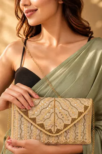 cream sequin bead embroidered leaf pattern clutch bag for women chain strap wedding festive evening purse