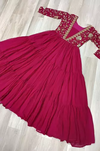 Red faux georgette readymade anarkali suit with embroidery & sequin  work