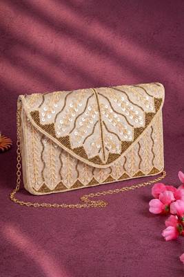 cream sequin bead embroidered leaf pattern clutch bag for women chain strap wedding festive evening purse 2