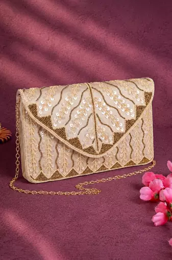 cream sequin bead embroidered leaf pattern clutch bag for women chain strap wedding festive evening purse