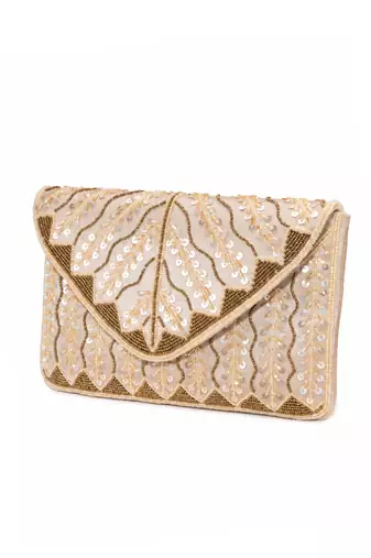 cream sequin bead embroidered leaf pattern clutch bag for women chain strap wedding festive evening purse