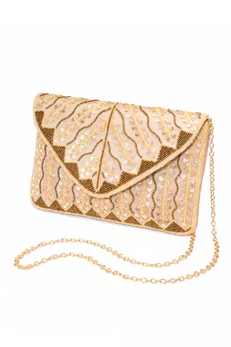 cream sequin bead embroidered leaf pattern clutch bag for women chain strap wedding festive evening purse