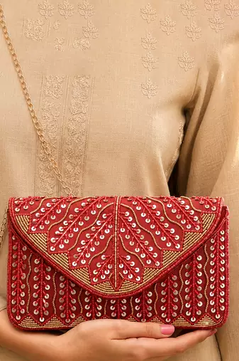 maroon sequin bead embroidered leaf pattern clutch bag for women wedding festive evening purse