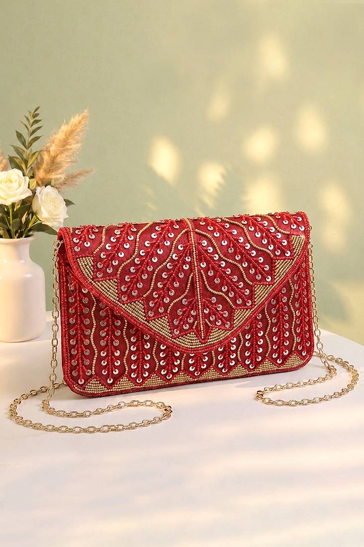 maroon sequin bead embroidered leaf pattern clutch bag for women wedding festive evening purse