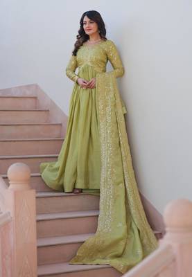 Green silk readymade anarkali suit with embroidery & sequin  work 1