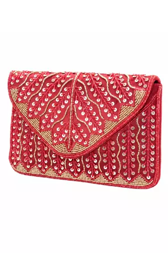 maroon sequin bead embroidered leaf pattern clutch bag for women wedding festive evening purse