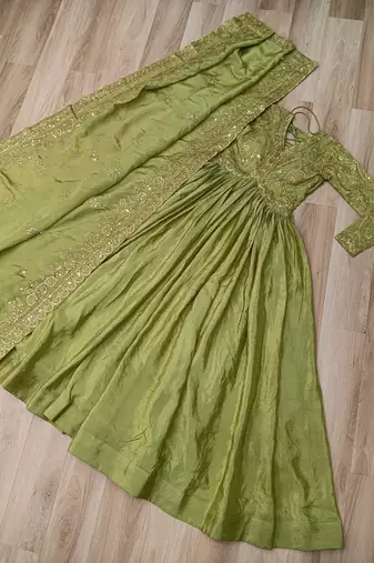 Green silk readymade anarkali suit with embroidery & sequin  work
