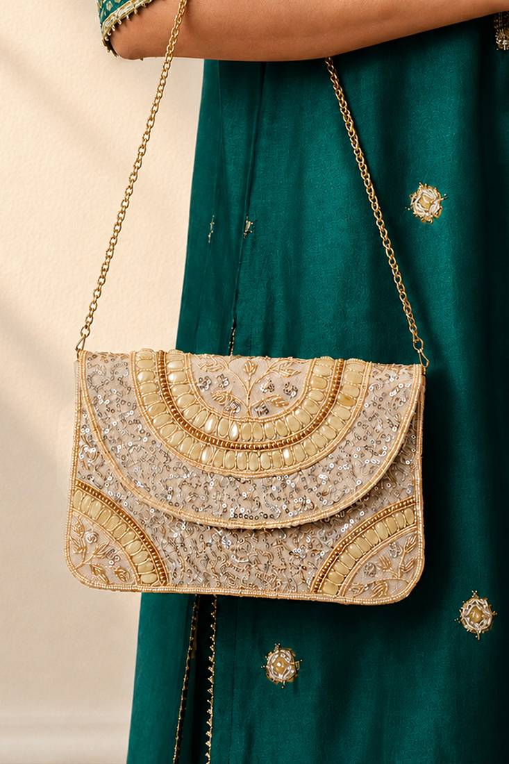 cream sequin bead embroidered mandala clutch bag wedding festive evening purse for women