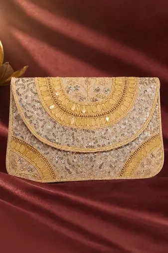 cream sequin bead embroidered mandala clutch bag wedding festive evening purse for women