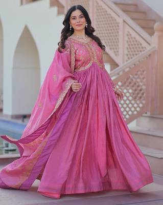 Pink silk readymade anarkali suit with embroidery & sequin  work 2