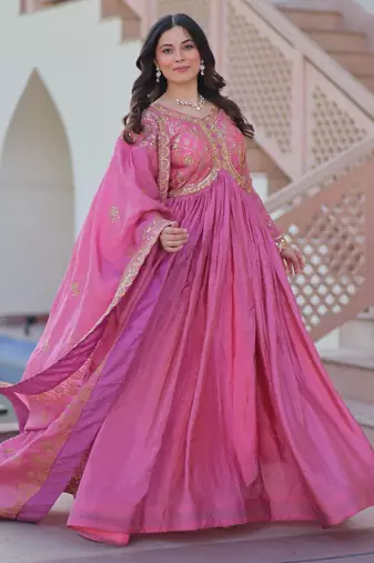 Pink silk readymade anarkali suit with embroidery & sequin  work