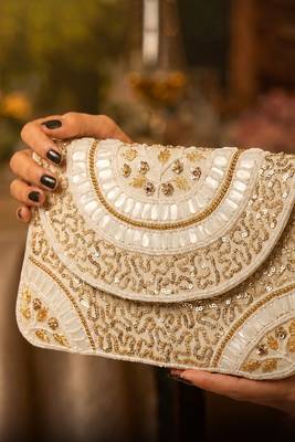 white sequin bead embroidered mandala clutch bag for women festive evening purse 1