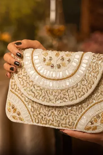 white sequin bead embroidered mandala clutch bag for women festive evening purse