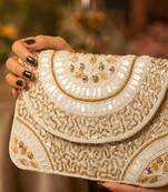 white sequin bead embroidered mandala clutch bag for women festive evening purse