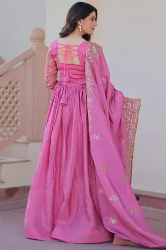 Pink silk readymade anarkali suit with embroidery & sequin  work