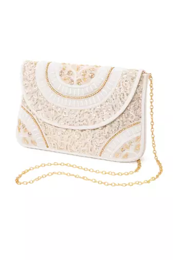 white sequin bead embroidered mandala clutch bag for women festive evening purse
