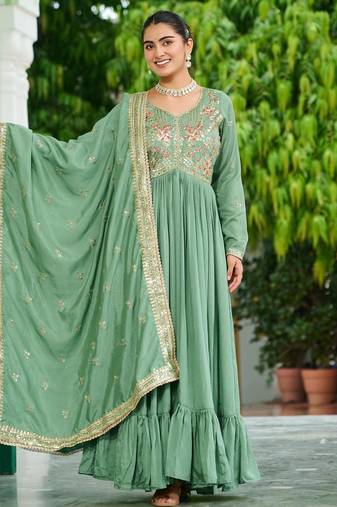 Pista vichitra silk readymade anarkali suit with embroidery & sequin  work