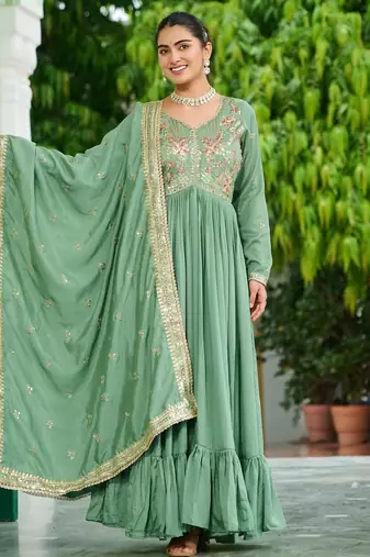 Pista vichitra silk readymade anarkali suit with embroidery & sequin  work