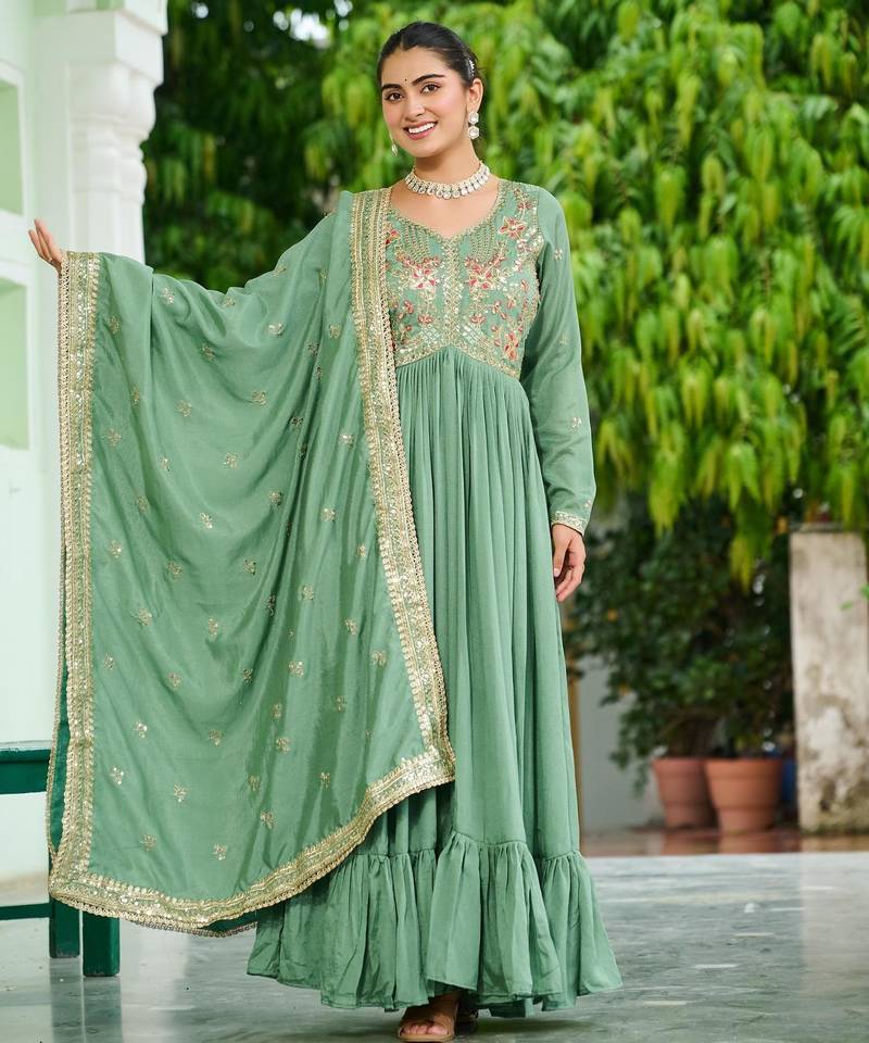 Pista vichitra silk readymade anarkali suit with embroidery & sequin  work