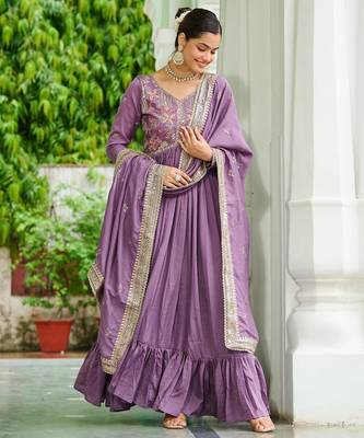 Lavender vichitra silk readymade anarkali suit with embroidery & sequin  work 1