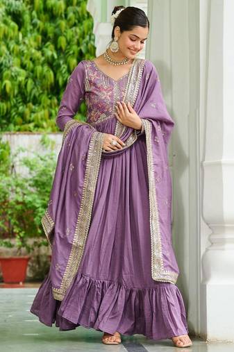 Lavender vichitra silk readymade anarkali suit with embroidery & sequin  work